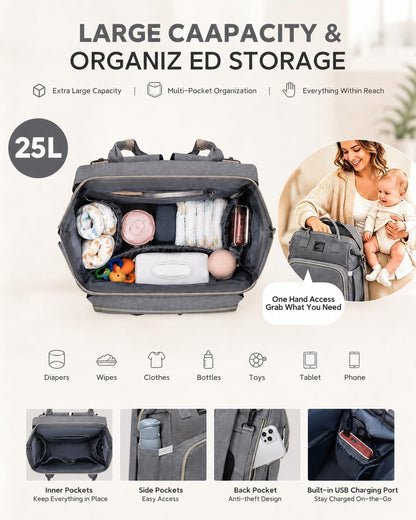 Diaper Bag Backpack with Changing Station, 25L Large Capacity