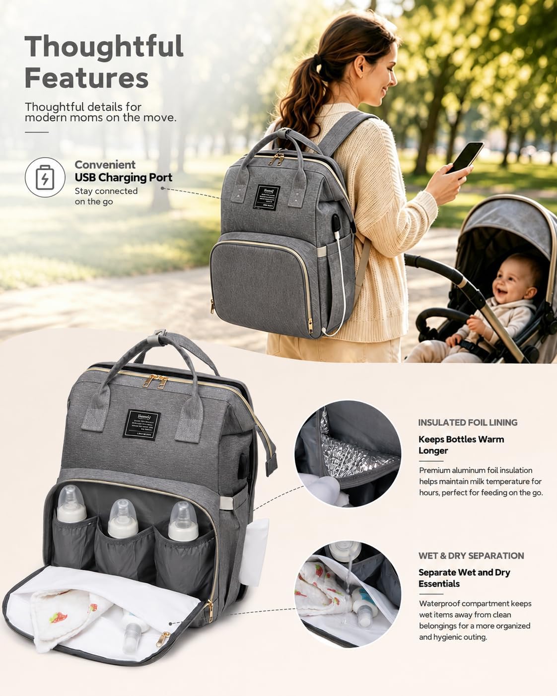 Diaper Bag Backpack with Changing Station, 25L Large Capacity