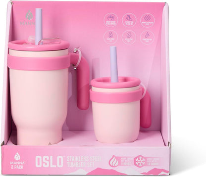 Oslo Stainless Steel Insulated Tumbler 2 Pack - 14 Oz and 30 Oz - Pink Powder Coat