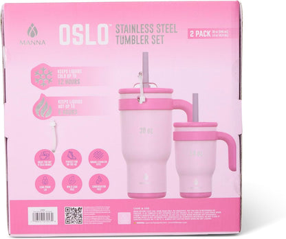 Oslo Stainless Steel Insulated Tumbler 2 Pack - 14 Oz and 30 Oz - Pink Powder Coat