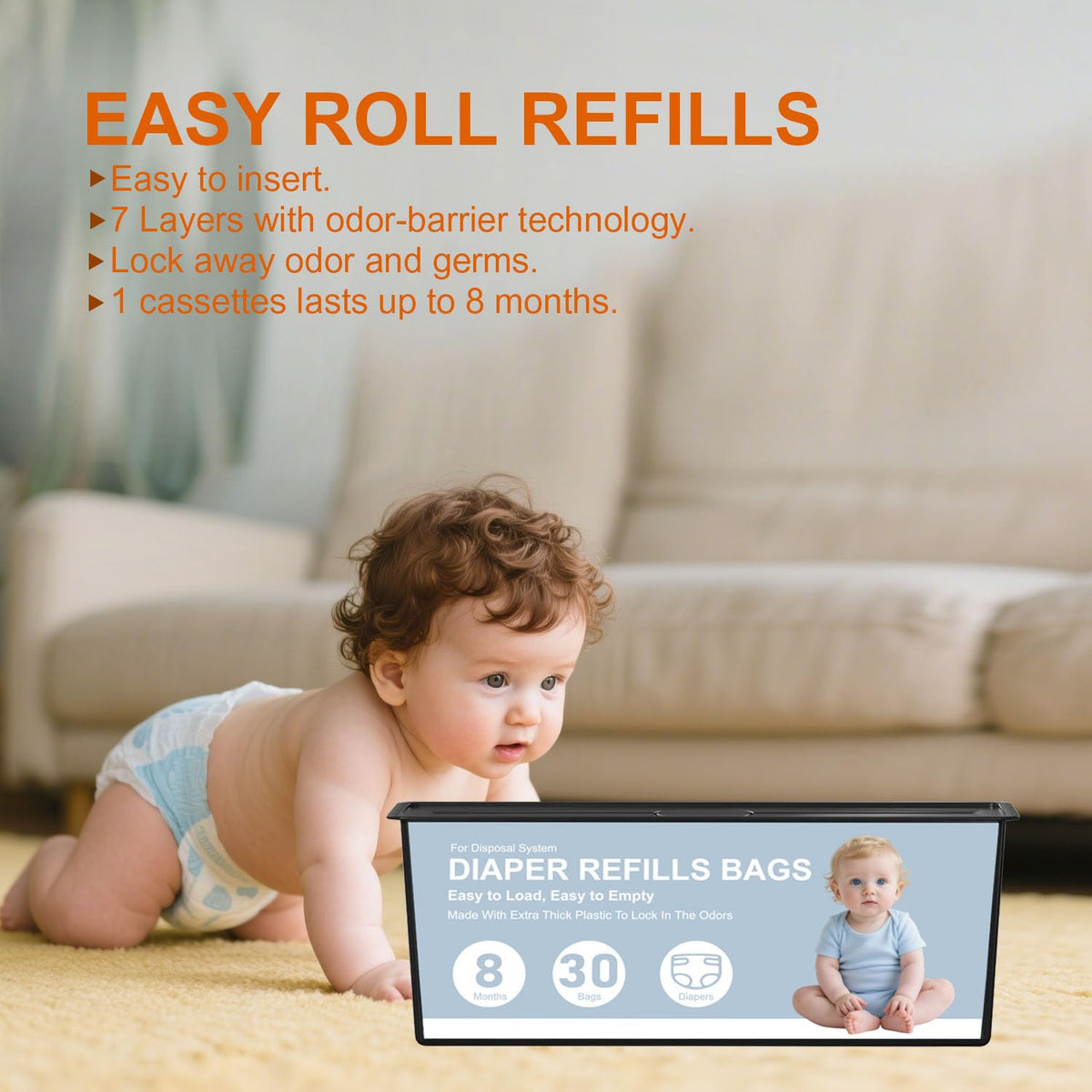 Diaper Pail Refills Bags Compatible with Genie Easy Roll Signature and Platinum Diaper Pails,90 Refills Holds up to 4200 Newborn Diapers,7-Layer Odor-Barrier Technology (3 Pack)