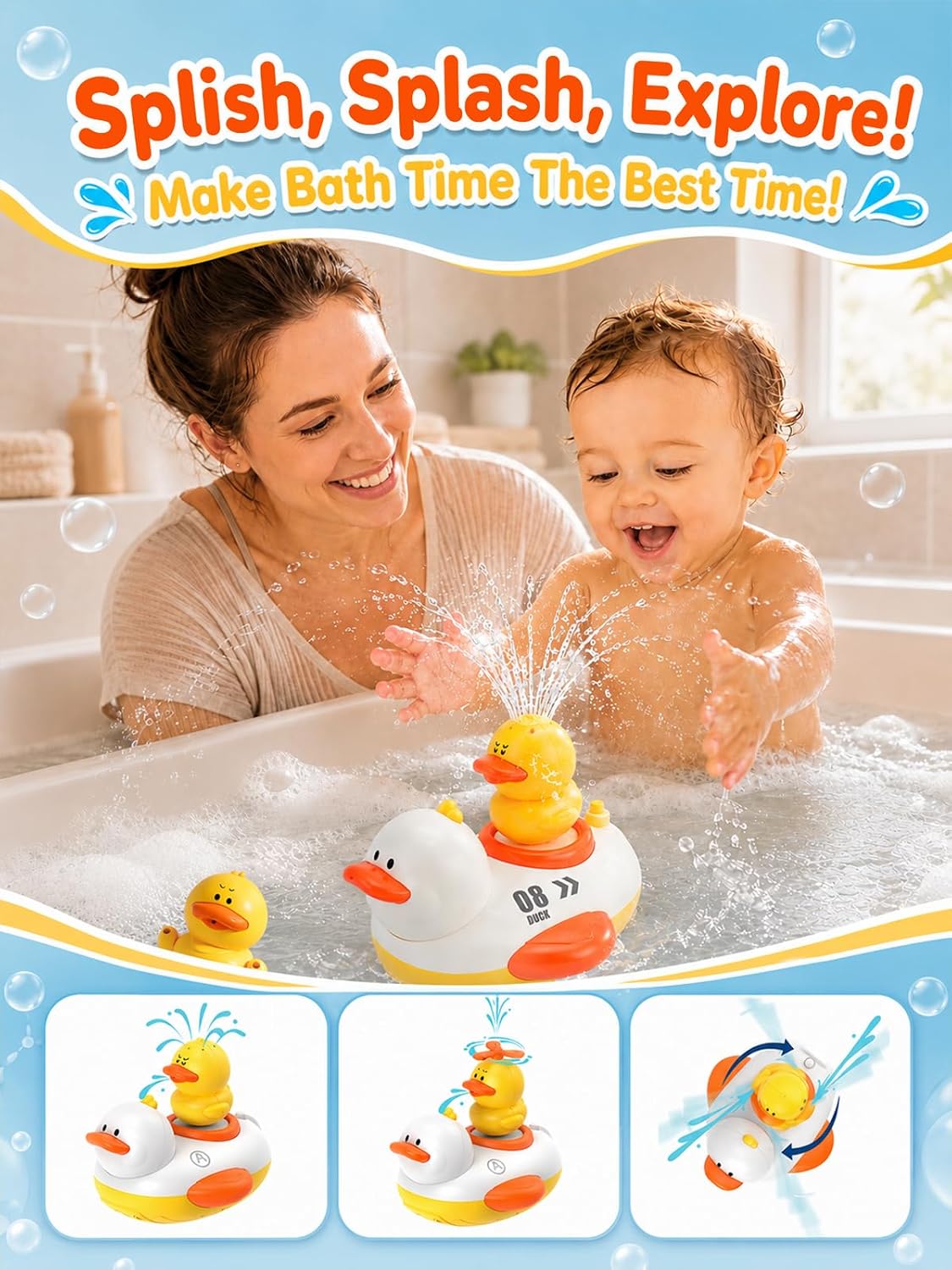 Duckie Baby Bath Shower Head, Toddler Bath Toys for Kids Ages 1-3