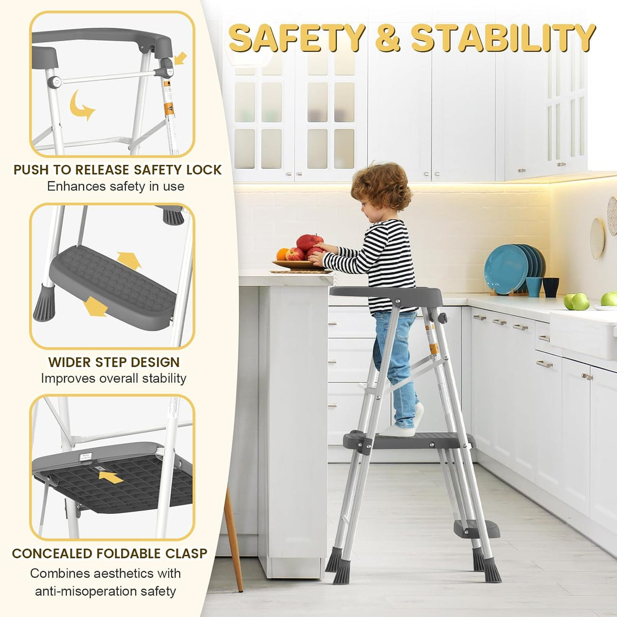 Kids 2 Steps Step Stool, Foldable Toddler Tower with Safety Railing