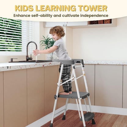 Kids 2 Steps Step Stool, Foldable Toddler Tower with Safety Railing