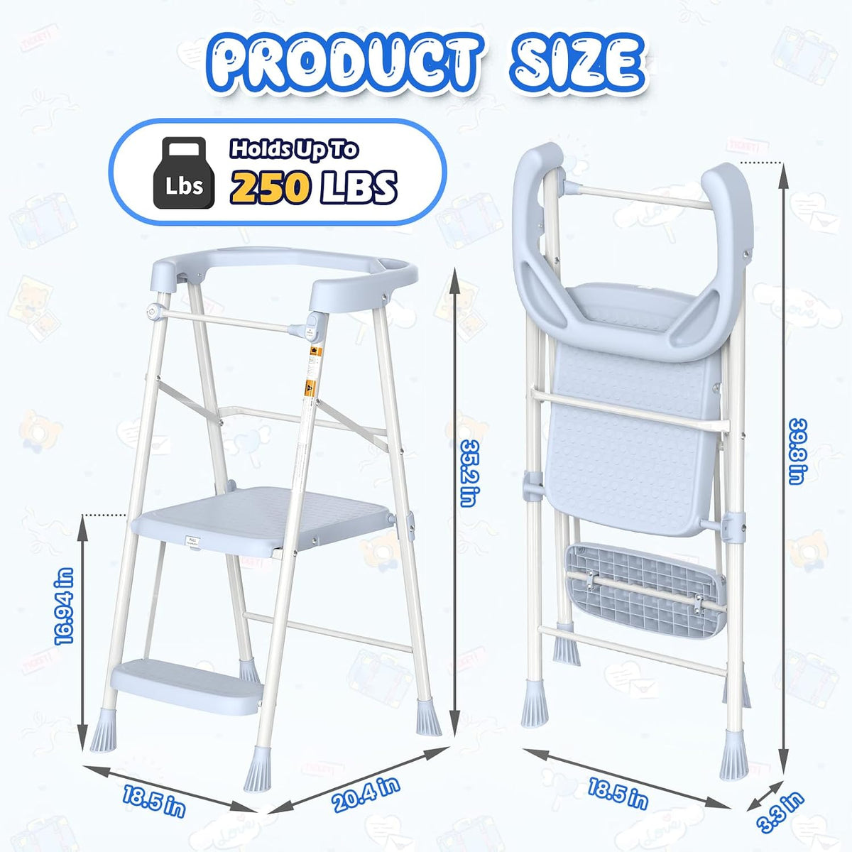 Kids 2 Steps Step Stool, Foldable Toddler Tower with Safety Railing