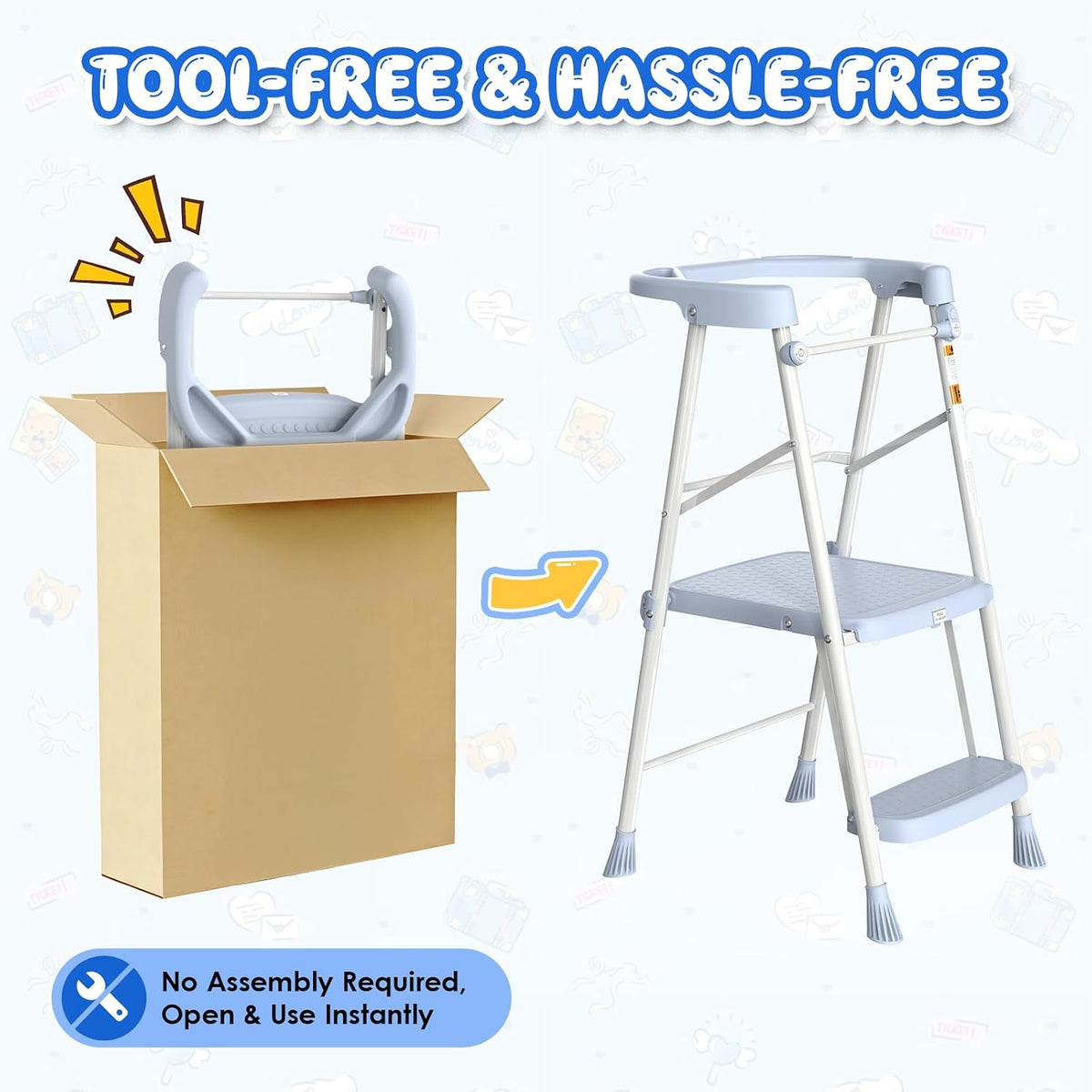 Kids 2 Steps Step Stool, Foldable Toddler Tower with Safety Railing