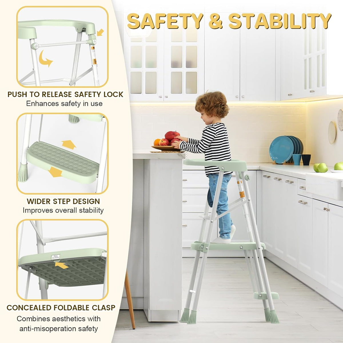 Kids 2 Steps Step Stool, Foldable Toddler Tower with Safety Railing