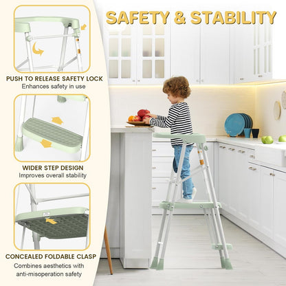 Kids 2 Steps Step Stool, Foldable Toddler Tower with Safety Railing