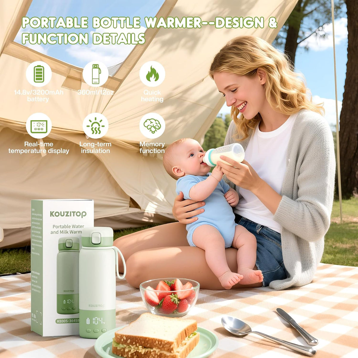 Portable Bottle Warmer for Travel, Baby Bottle Warmer On the Go with 2-Min Fast Heating & Long-Lasting Warmth, 12.2 Ounces Portable Milk Warmer for Breastmilk & Formula