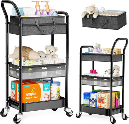 2-IN-1 Baby Diaper Caddy Cart with Adjustable Shelf and Detachable Dividers
