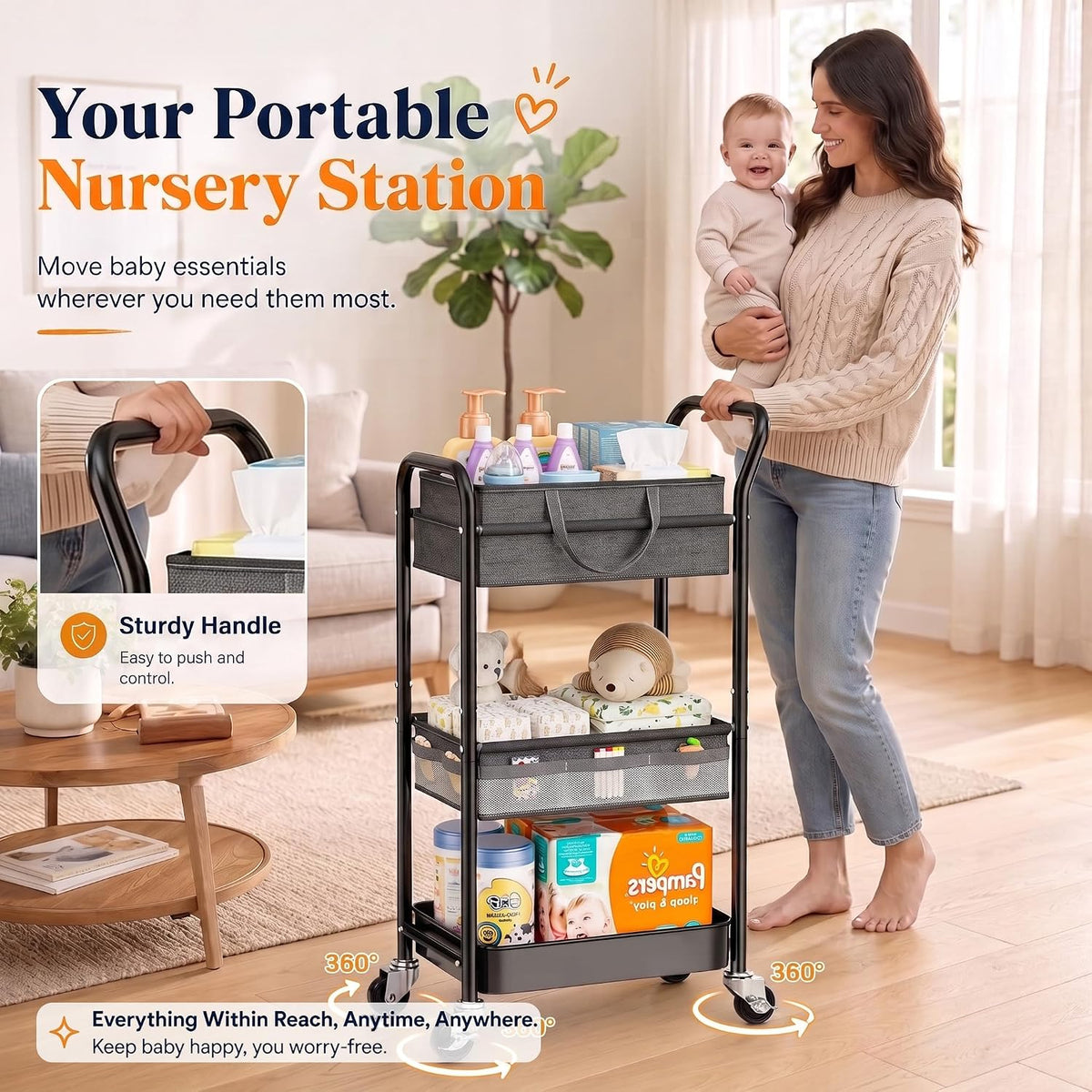 2-IN-1 Baby Diaper Caddy Cart with Adjustable Shelf and Detachable Dividers
