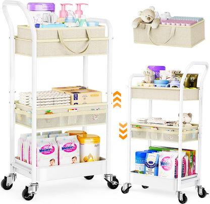 2-IN-1 Baby Diaper Caddy Cart with Adjustable Shelf and Detachable Dividers