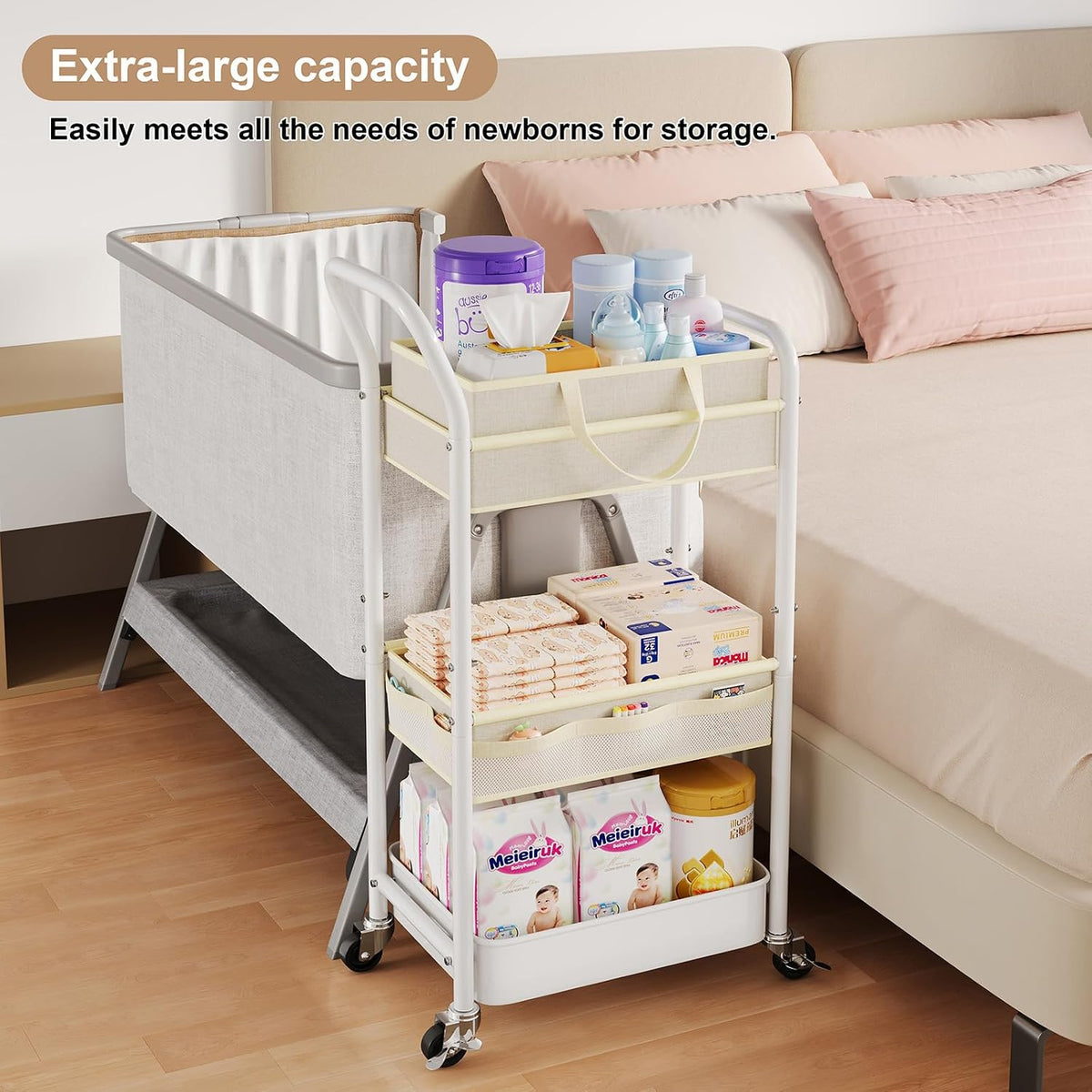 2-IN-1 Baby Diaper Caddy Cart with Adjustable Shelf and Detachable Dividers