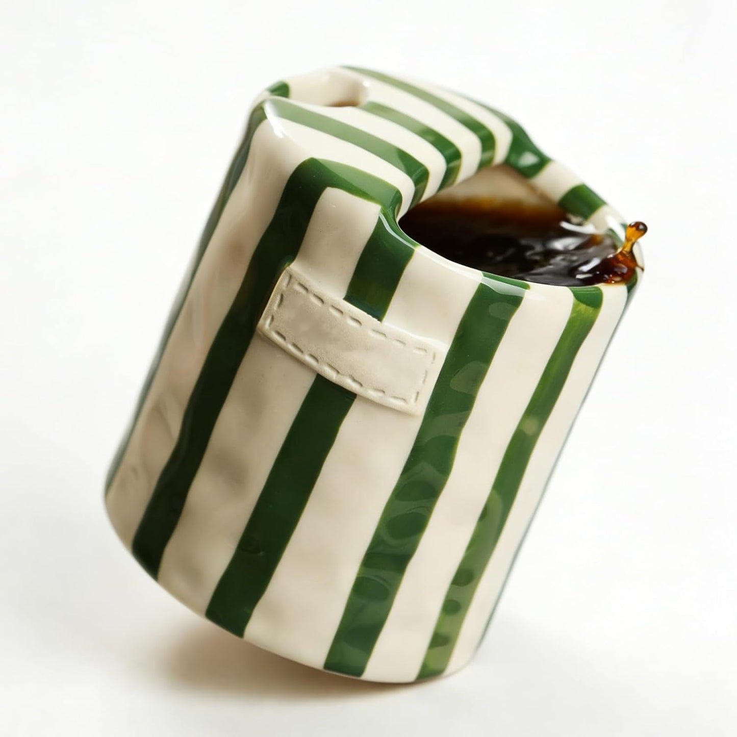 Ceramic Novelty Travel Coffee Mug - 10oz Retro Hand Painted Green & White Striped Vintage Handmade Design Porcelain Cup, Perfect for Coffee, Tea, Chocolate, Birthday, Appreciation, Dishwasher, Gifts