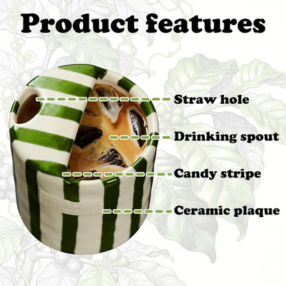 Ceramic Novelty Travel Coffee Mug - 10oz Retro Hand Painted Green & White Striped Vintage Handmade Design Porcelain Cup, Perfect for Coffee, Tea, Chocolate, Birthday, Appreciation, Dishwasher, Gifts