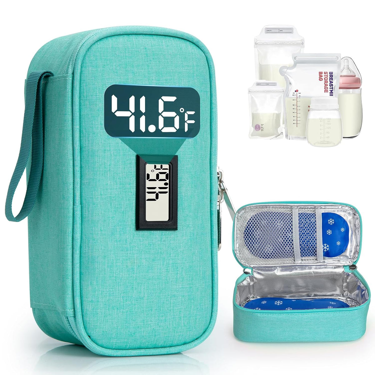 Breast Milk Cooler Travel Bag, Real-Time Temperature Display, Holds 4-6 Breastmilk Storage Bag with 2 Breast Milk Ice Pack, Cooling & Waterproof Portable Cooler for Moms on the Go (Navy Blue)
