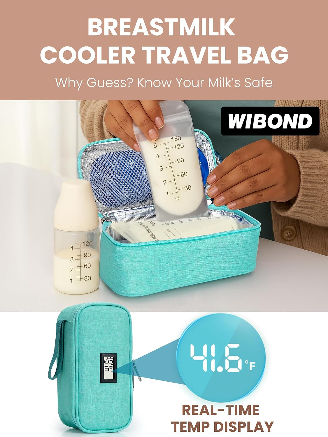 Breast Milk Cooler Travel Bag, Real-Time Temperature Display, Holds 4-6 Breastmilk Storage Bag with 2 Breast Milk Ice Pack, Cooling & Waterproof Portable Cooler for Moms on the Go (Navy Blue)