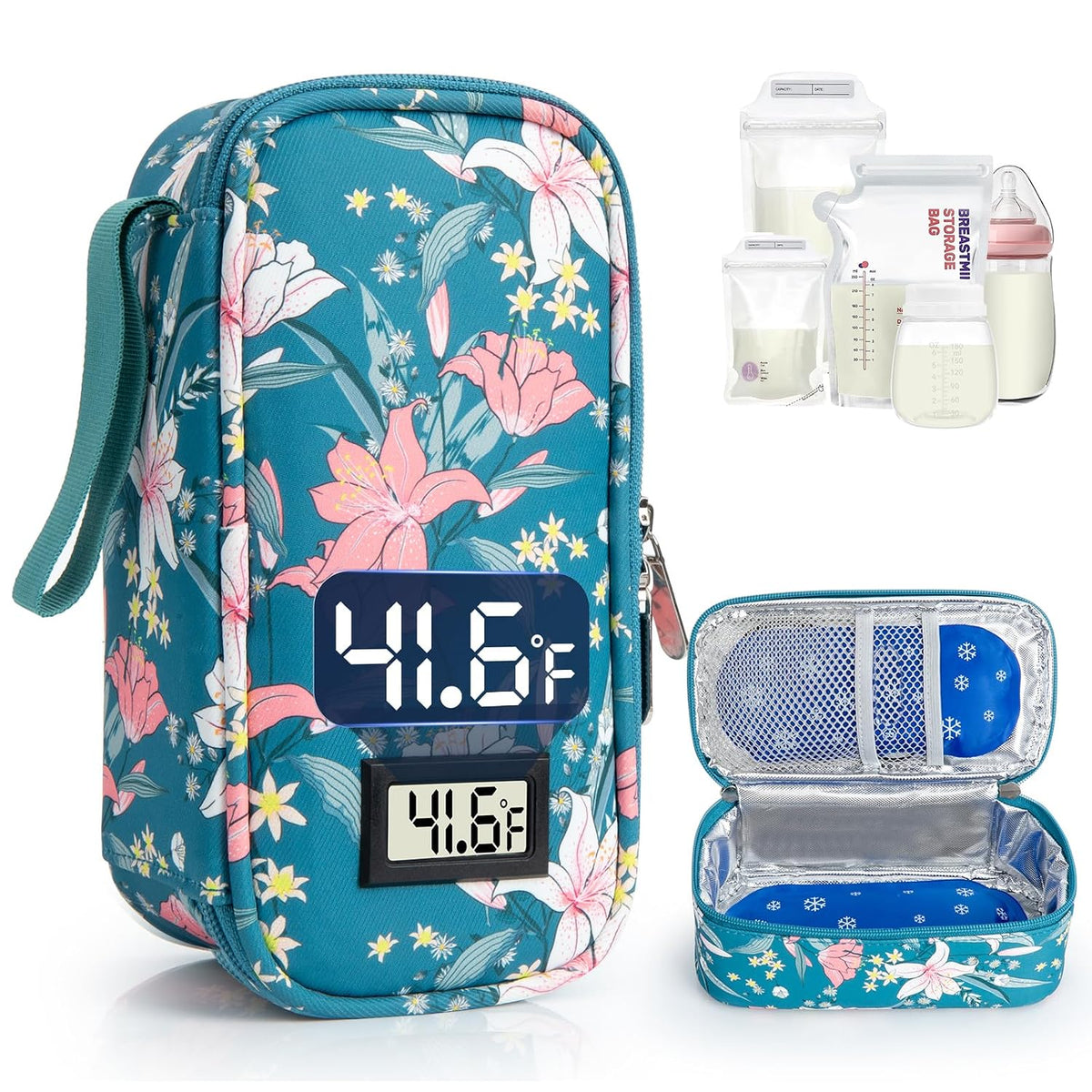 Breast Milk Cooler Travel Bag, Real-Time Temperature Display, Holds 4-6 Breastmilk Storage Bag with 2 Breast Milk Ice Pack, Cooling & Waterproof Portable Cooler for Moms on the Go (Navy Blue)