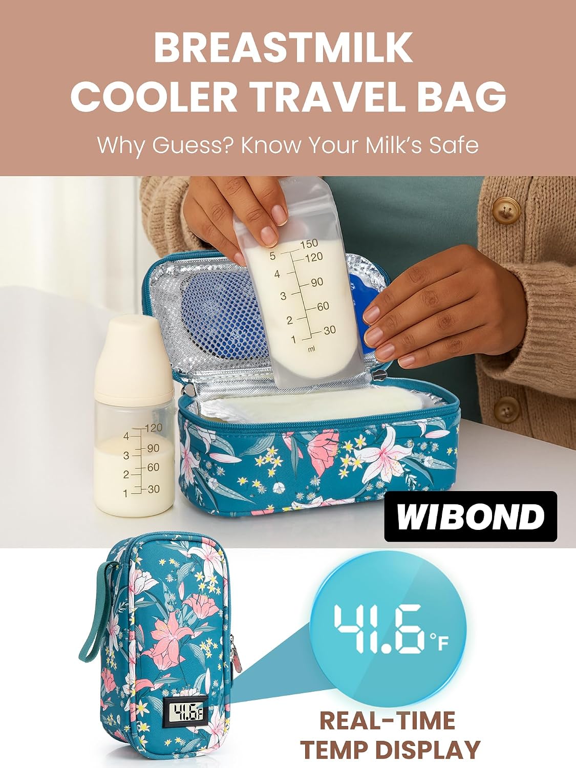Breast Milk Cooler Travel Bag, Real-Time Temperature Display, Holds 4-6 Breastmilk Storage Bag with 2 Breast Milk Ice Pack, Cooling & Waterproof Portable Cooler for Moms on the Go (Navy Blue)