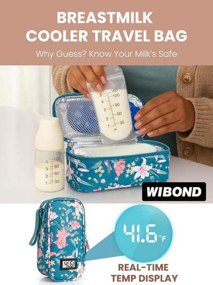 Breast Milk Cooler Travel Bag, Real-Time Temperature Display, Holds 4-6 Breastmilk Storage Bag with 2 Breast Milk Ice Pack, Cooling & Waterproof Portable Cooler for Moms on the Go (Navy Blue)