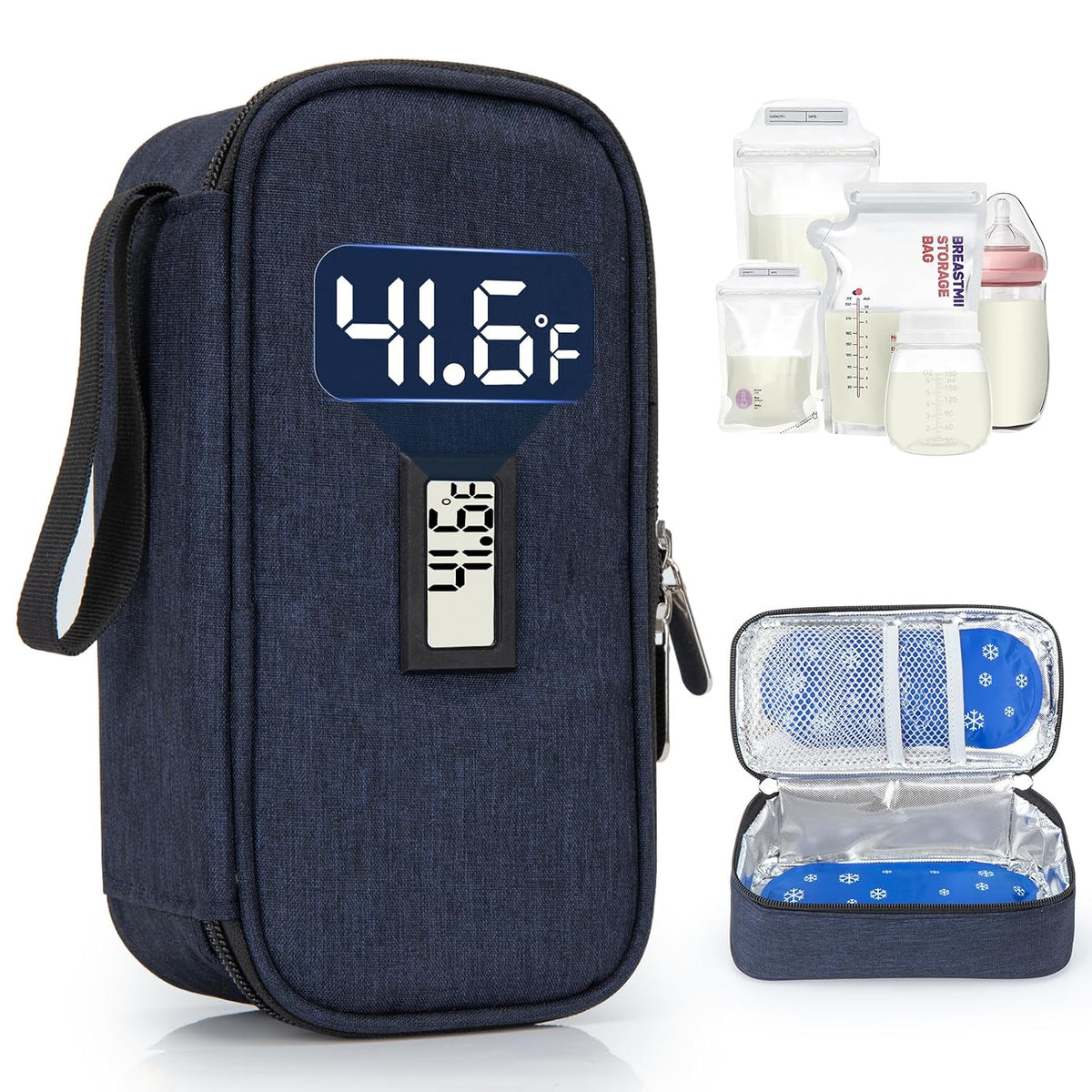 Breast Milk Cooler Travel Bag, Real-Time Temperature Display, Holds 4-6 Breastmilk Storage Bag with 2 Breast Milk Ice Pack, Cooling & Waterproof Portable Cooler for Moms on the Go (Navy Blue)