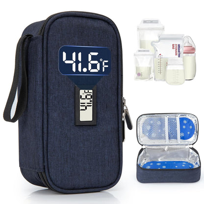 Breast Milk Cooler Travel Bag, Real-Time Temperature Display, Holds 4-6 Breastmilk Storage Bag with 2 Breast Milk Ice Pack, Cooling & Waterproof Portable Cooler for Moms on the Go (Navy Blue)