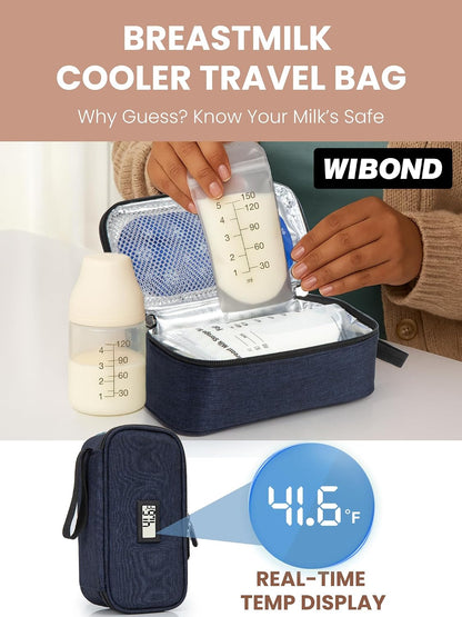 Breast Milk Cooler Travel Bag, Real-Time Temperature Display, Holds 4-6 Breastmilk Storage Bag with 2 Breast Milk Ice Pack, Cooling & Waterproof Portable Cooler for Moms on the Go (Navy Blue)