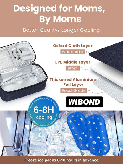 Breast Milk Cooler Travel Bag, Real-Time Temperature Display, Holds 4-6 Breastmilk Storage Bag with 2 Breast Milk Ice Pack, Cooling & Waterproof Portable Cooler for Moms on the Go (Navy Blue)