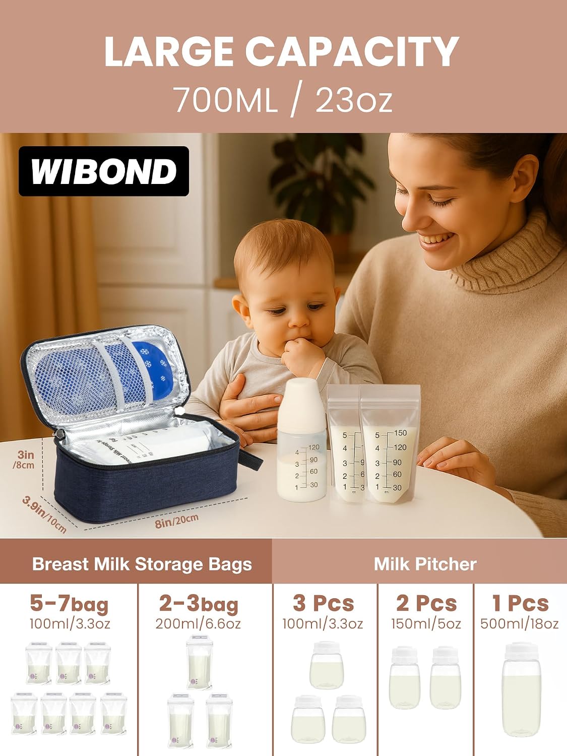 Breast Milk Cooler Travel Bag, Real-Time Temperature Display, Holds 4-6 Breastmilk Storage Bag with 2 Breast Milk Ice Pack, Cooling & Waterproof Portable Cooler for Moms on the Go (Navy Blue)