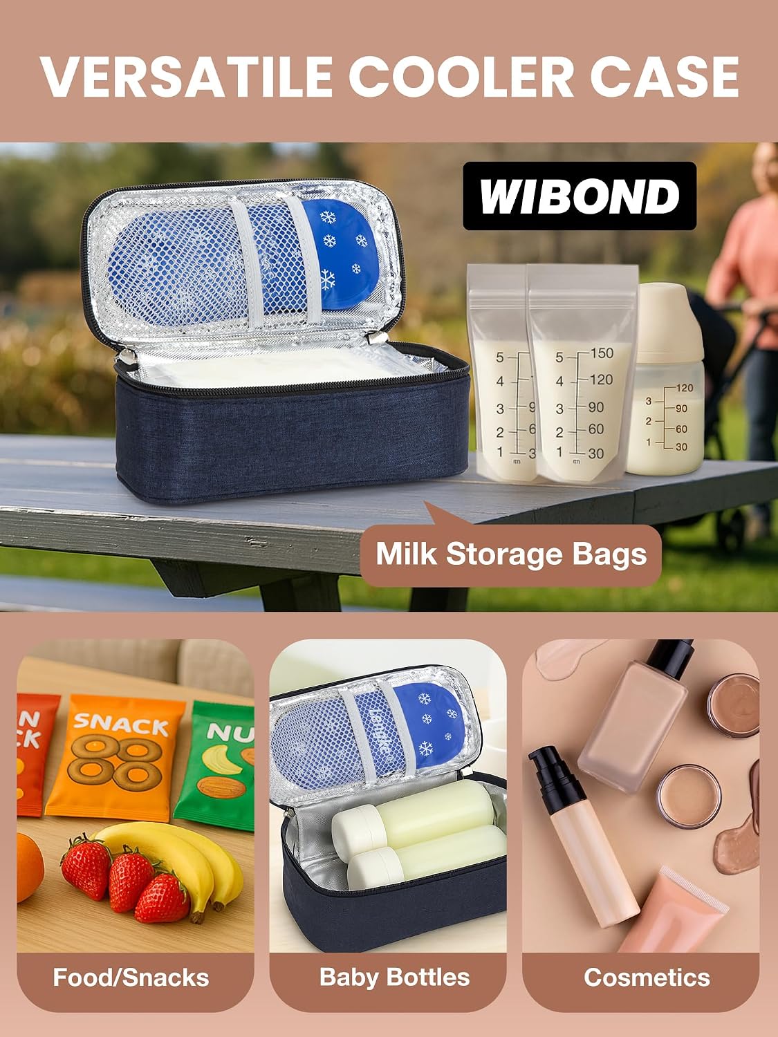 Breast Milk Cooler Travel Bag, Real-Time Temperature Display, Holds 4-6 Breastmilk Storage Bag with 2 Breast Milk Ice Pack, Cooling & Waterproof Portable Cooler for Moms on the Go (Navy Blue)