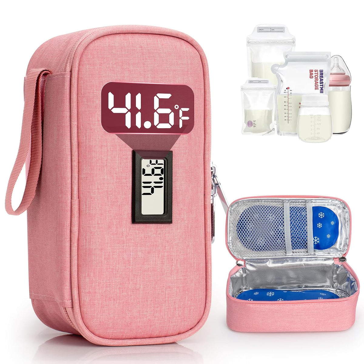 Breast Milk Cooler Travel Bag, Real-Time Temperature Display, Holds 4-6 Breastmilk Storage Bag with 2 Breast Milk Ice Pack, Cooling & Waterproof Portable Cooler for Moms on the Go (Navy Blue)