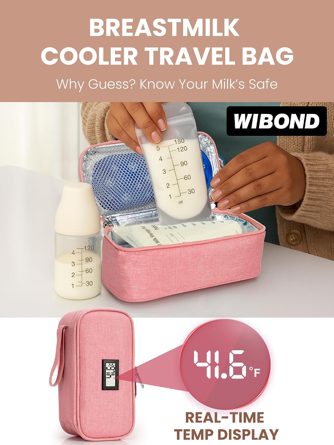 Breast Milk Cooler Travel Bag, Real-Time Temperature Display, Holds 4-6 Breastmilk Storage Bag with 2 Breast Milk Ice Pack, Cooling & Waterproof Portable Cooler for Moms on the Go (Navy Blue)
