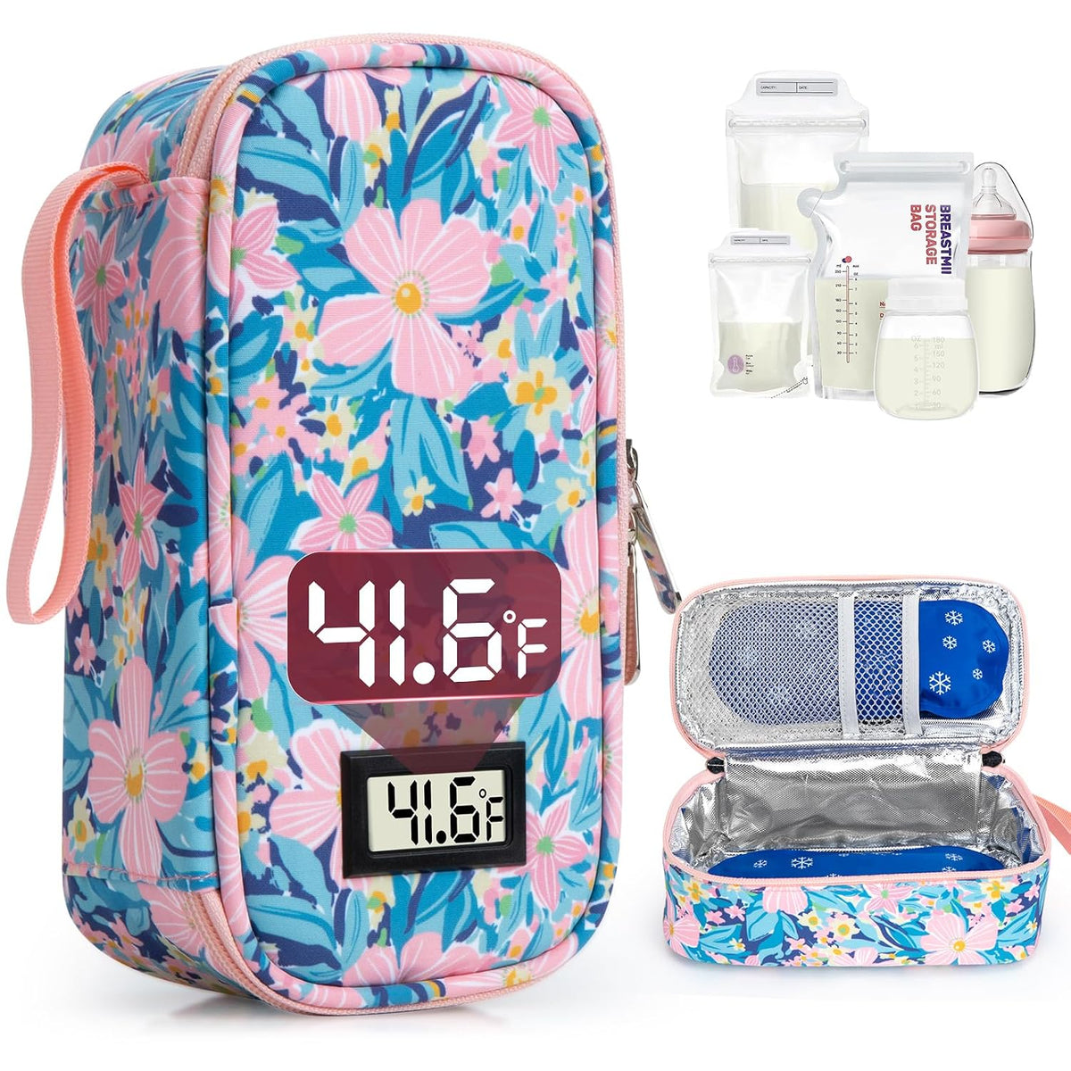 Breast Milk Cooler Travel Bag, Real-Time Temperature Display, Holds 4-6 Breastmilk Storage Bag with 2 Breast Milk Ice Pack, Cooling & Waterproof Portable Cooler for Moms on the Go (Navy Blue)