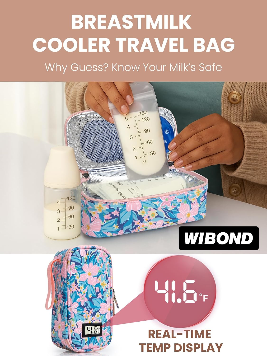 Breast Milk Cooler Travel Bag, Real-Time Temperature Display, Holds 4-6 Breastmilk Storage Bag with 2 Breast Milk Ice Pack, Cooling & Waterproof Portable Cooler for Moms on the Go (Navy Blue)