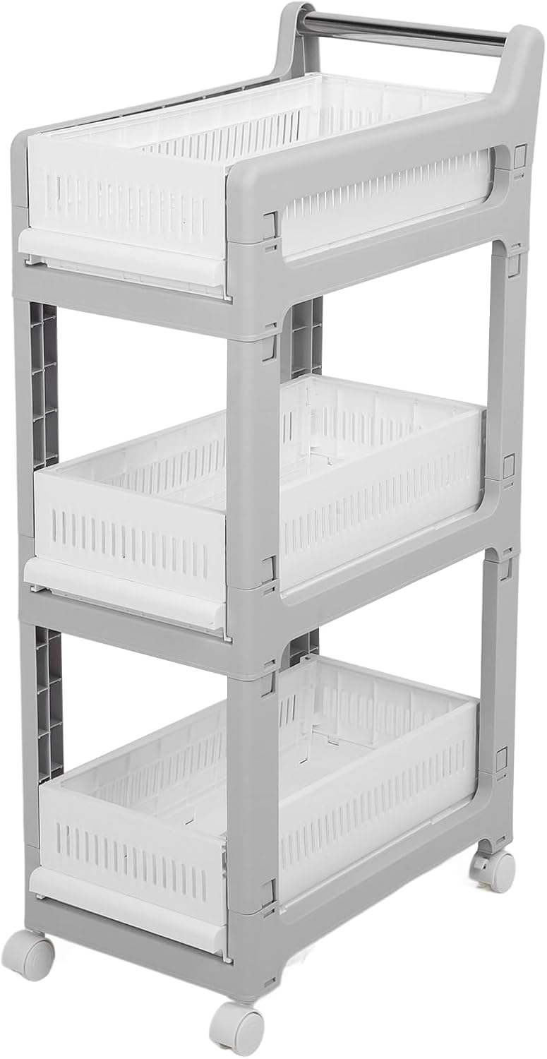 3 Tier Rolling Utility Cart Mobile Storage Shelves Plastic Organization Trolley for Kitchen Bathroom Office Dorm Room Narrow Space Slide Out Rack White (Medium Size 2 Layers)