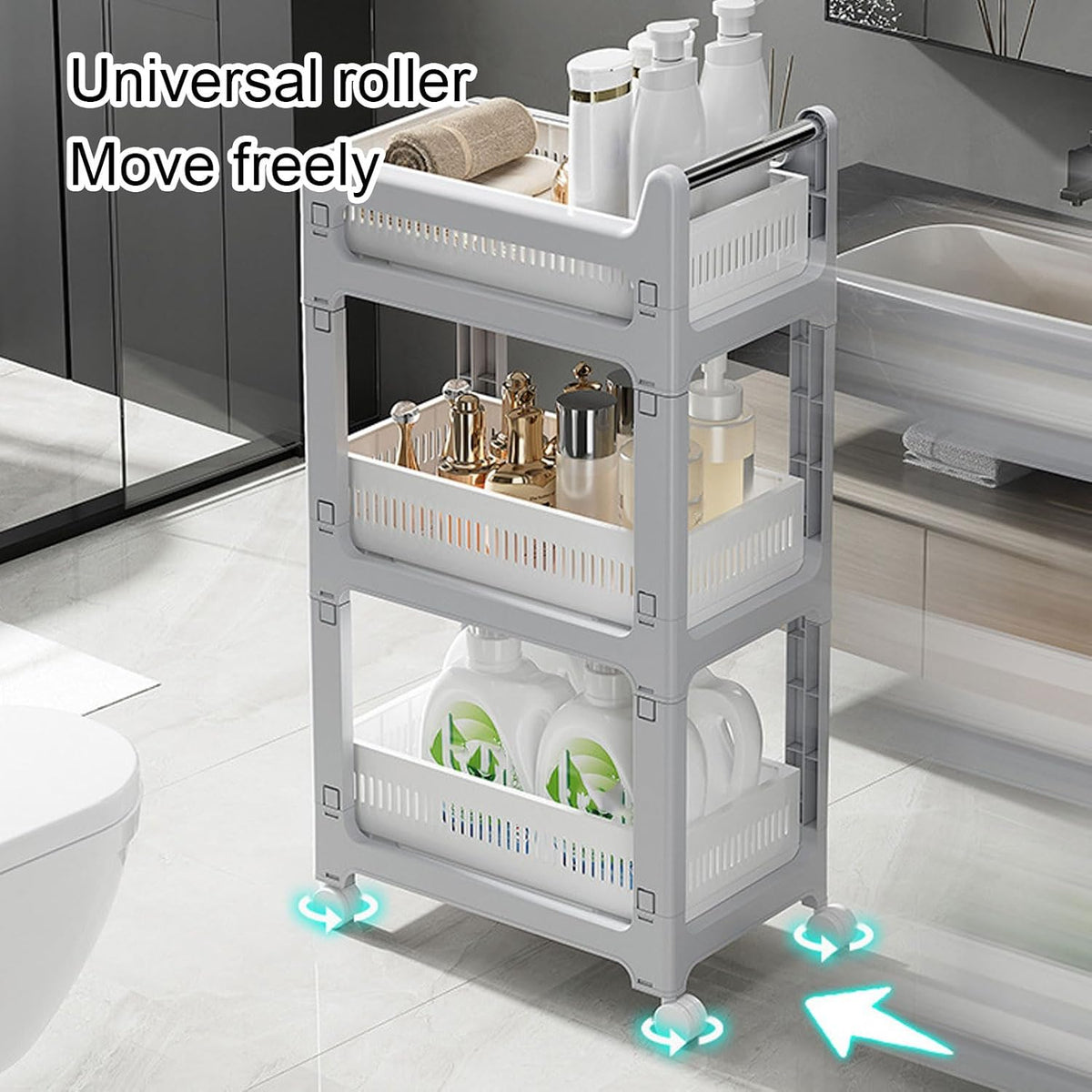 3 Tier Rolling Utility Cart Mobile Storage Shelves Plastic Organization Trolley for Kitchen Bathroom Office Dorm Room Narrow Space Slide Out Rack White (Medium Size 2 Layers)