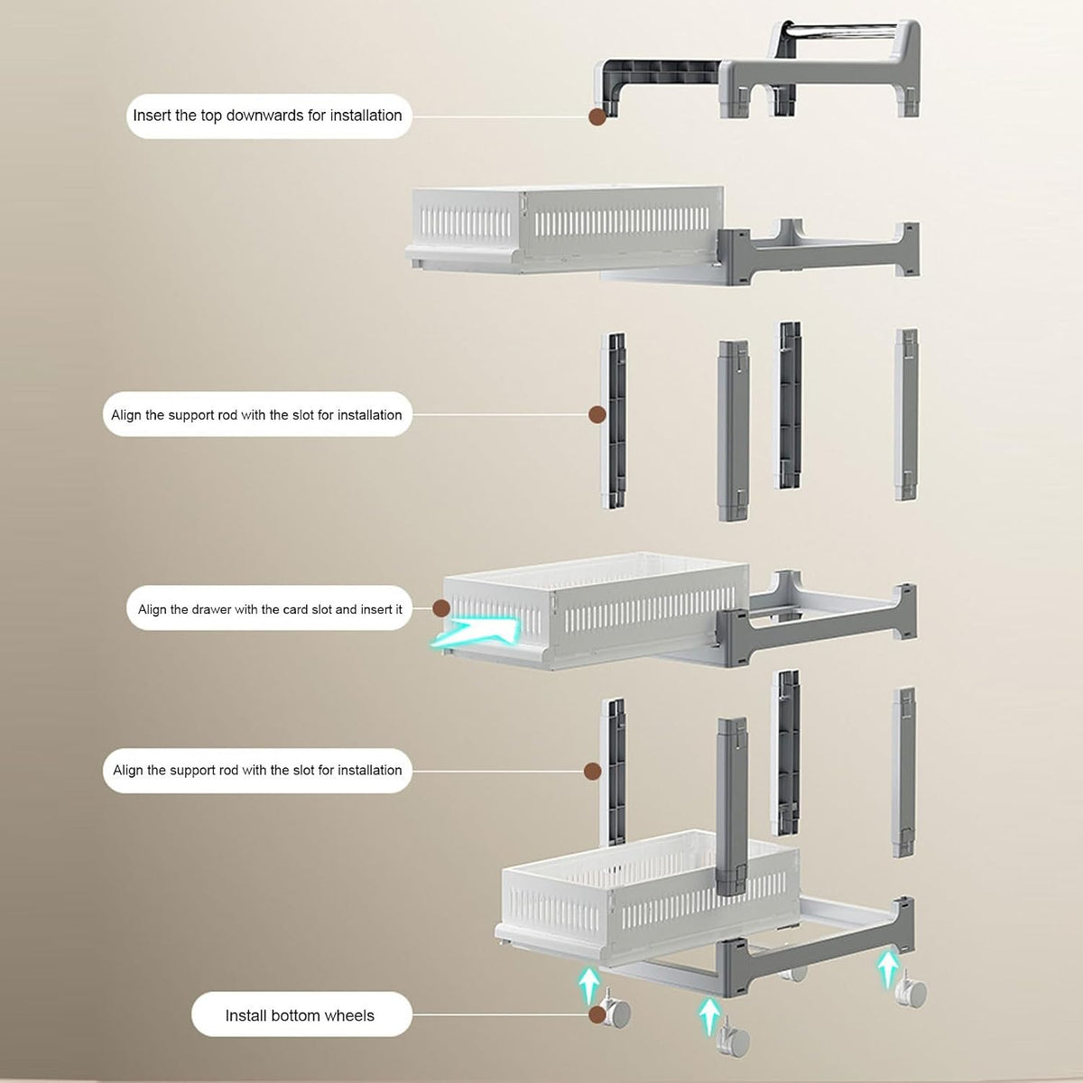 3 Tier Rolling Utility Cart Mobile Storage Shelves Plastic Organization Trolley for Kitchen Bathroom Office Dorm Room Narrow Space Slide Out Rack White (Medium Size 2 Layers)