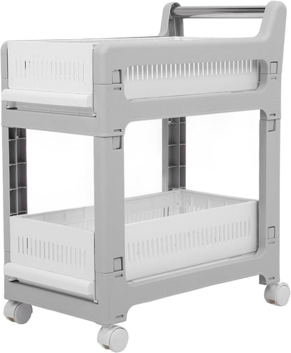 3 Tier Rolling Utility Cart Mobile Storage Shelves Plastic Organization Trolley for Kitchen Bathroom Office Dorm Room Narrow Space Slide Out Rack White (Medium Size 2 Layers)