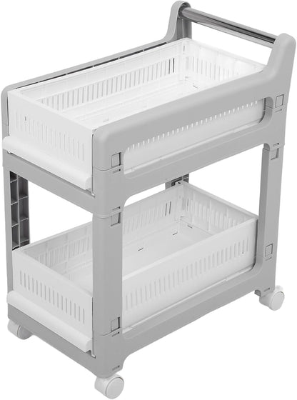3 Tier Rolling Utility Cart Mobile Storage Shelves Plastic Organization Trolley for Kitchen Bathroom Office Dorm Room Narrow Space Slide Out Rack White (Medium Size 2 Layers)