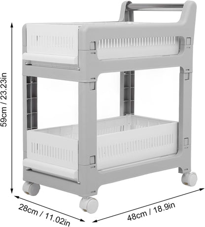 3 Tier Rolling Utility Cart Mobile Storage Shelves Plastic Organization Trolley for Kitchen Bathroom Office Dorm Room Narrow Space Slide Out Rack White (Medium Size 2 Layers)
