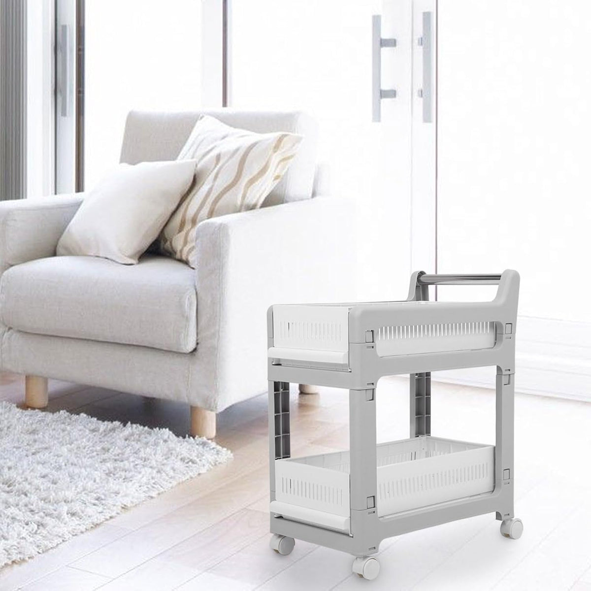 3 Tier Rolling Utility Cart Mobile Storage Shelves Plastic Organization Trolley for Kitchen Bathroom Office Dorm Room Narrow Space Slide Out Rack White (Medium Size 2 Layers)