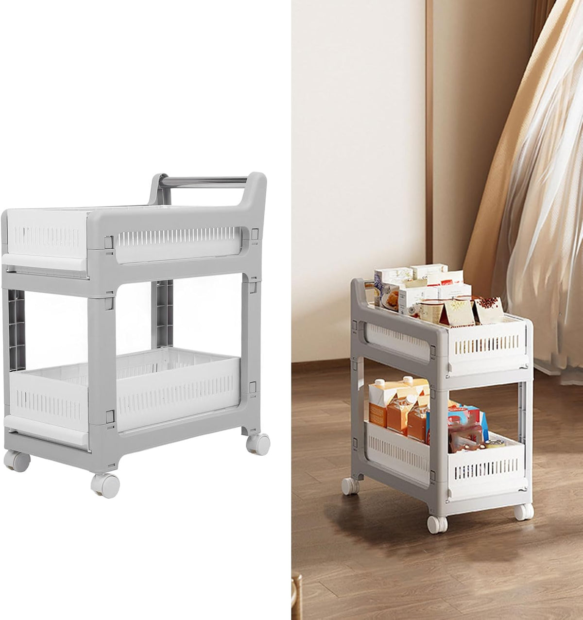 3 Tier Rolling Utility Cart Mobile Storage Shelves Plastic Organization Trolley for Kitchen Bathroom Office Dorm Room Narrow Space Slide Out Rack White (Medium Size 2 Layers)