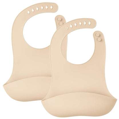 Silicone Bibs For Babies 6-12 Months, Waterproof Adjustable Baby Bibs For Eating, Flexible Toddler Bib With Food Catcher For Boys Girls, Washable Baby Feeding Esentails, Brown, 2 Pack