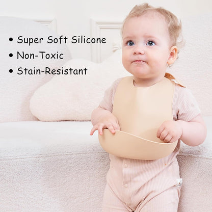 Silicone Bibs For Babies 6-12 Months, Waterproof Adjustable Baby Bibs For Eating, Flexible Toddler Bib With Food Catcher For Boys Girls, Washable Baby Feeding Esentails, Brown, 2 Pack