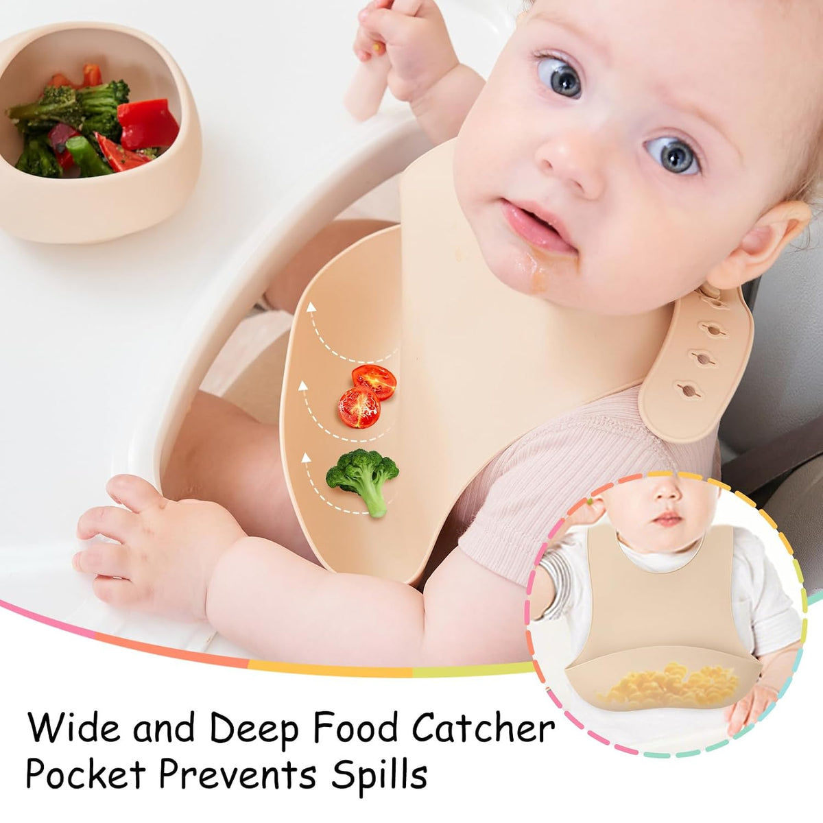 Silicone Bibs For Babies 6-12 Months, Waterproof Adjustable Baby Bibs For Eating, Flexible Toddler Bib With Food Catcher For Boys Girls, Washable Baby Feeding Esentails, Brown, 2 Pack