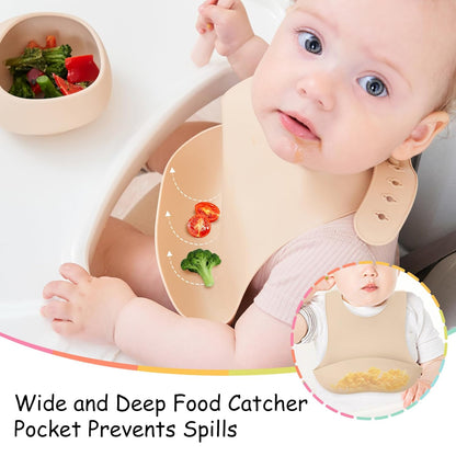 Silicone Bibs For Babies 6-12 Months, Waterproof Adjustable Baby Bibs For Eating, Flexible Toddler Bib With Food Catcher For Boys Girls, Washable Baby Feeding Esentails, Brown, 2 Pack