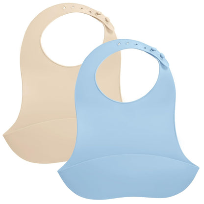 Silicone Bibs For Babies 6-12 Months, Waterproof Adjustable Baby Bibs For Eating, Flexible Toddler Bib With Food Catcher For Boys Girls, Washable Baby Feeding Esentails, Brown, 2 Pack