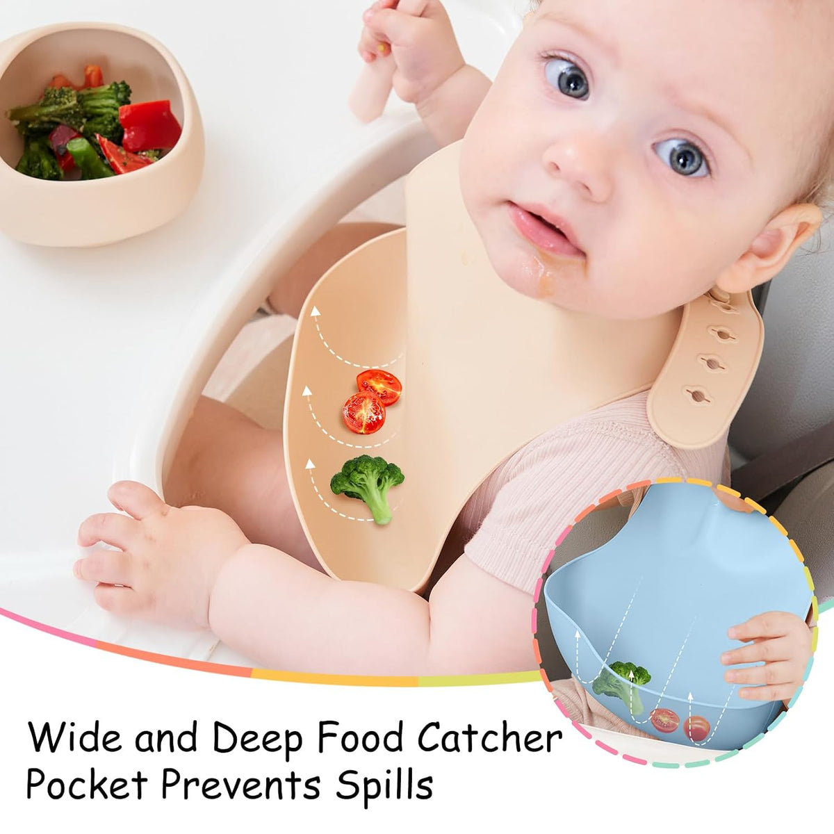 Silicone Bibs For Babies 6-12 Months, Waterproof Adjustable Baby Bibs For Eating, Flexible Toddler Bib With Food Catcher For Boys Girls, Washable Baby Feeding Esentails, Brown, 2 Pack
