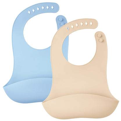 Silicone Bibs For Babies 6-12 Months, Waterproof Adjustable Baby Bibs For Eating, Flexible Toddler Bib With Food Catcher For Boys Girls, Washable Baby Feeding Esentails, Brown, 2 Pack