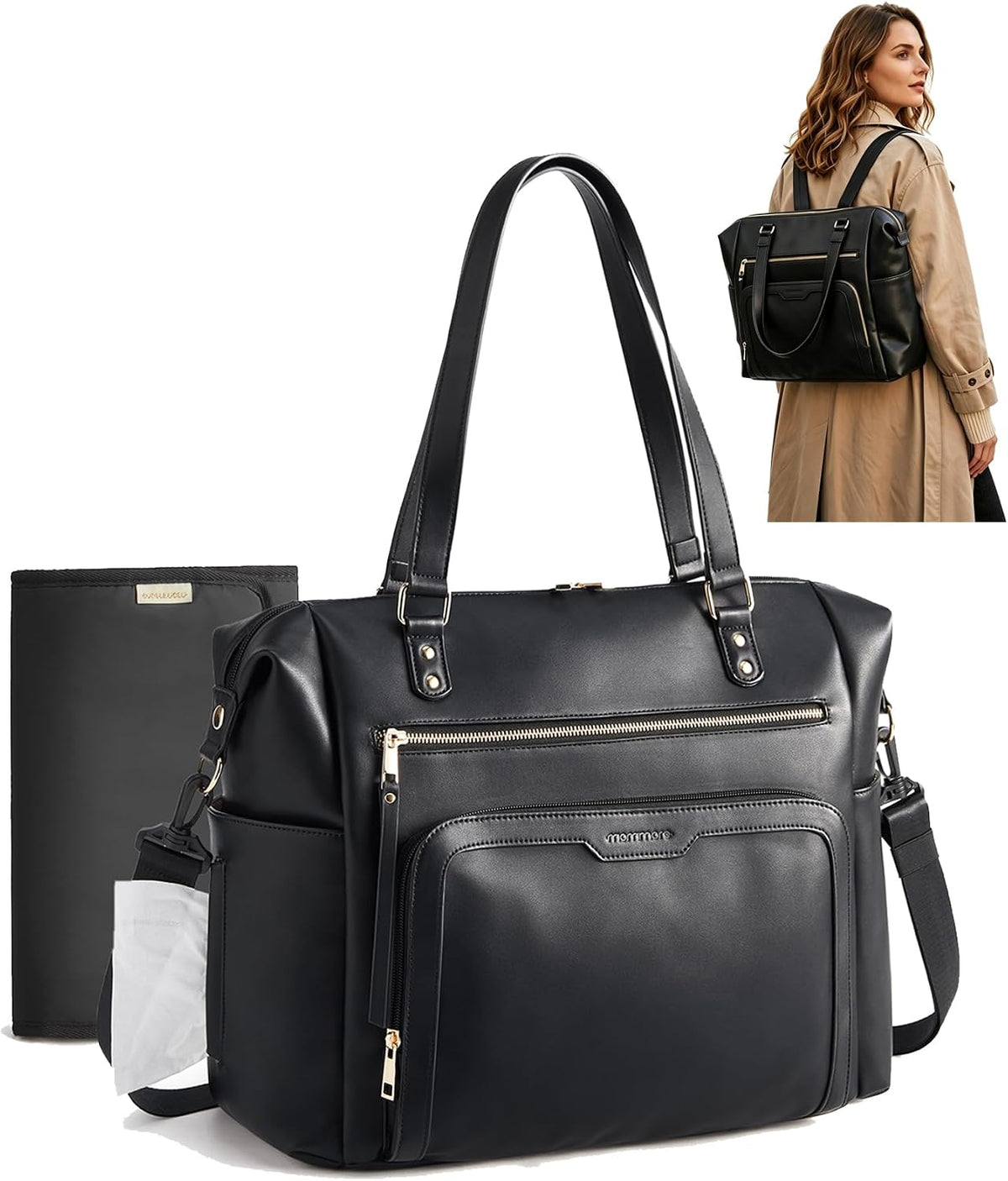 PU Leather Convertible Diaper Bag Backpack, Crossbody Bag Tote